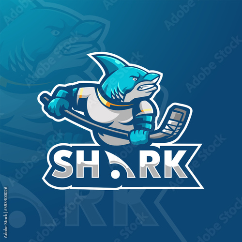 Shark logo design vector. Shark holding hockey stick
