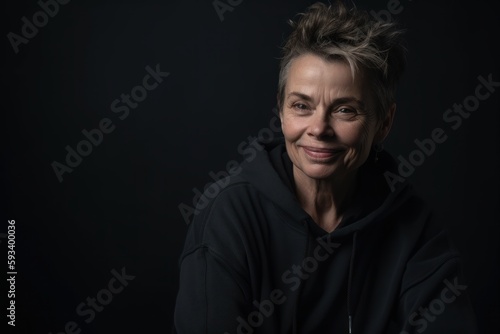 Portrait of a beautiful middle-aged woman in a black hoodie
