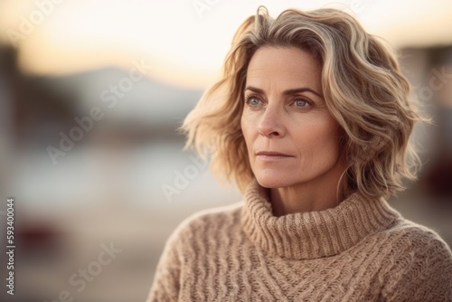 Portrait of a beautiful mature woman in a beige sweater outdoors