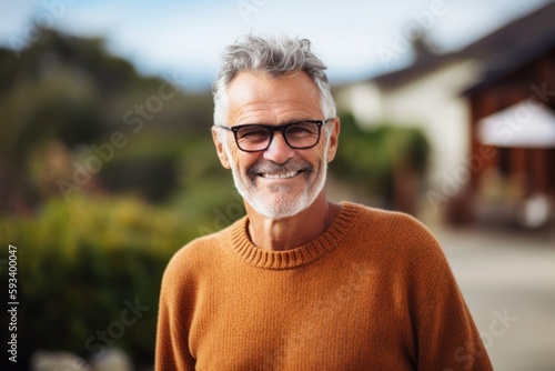 Portrait of smiling senior man with eyeglasses standing in garden