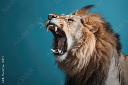 The King of the Jungle. Majestic lion roaring with pride, isolated on a blue pastel background with space to text. Copy space. Wildlife concept AI Generative