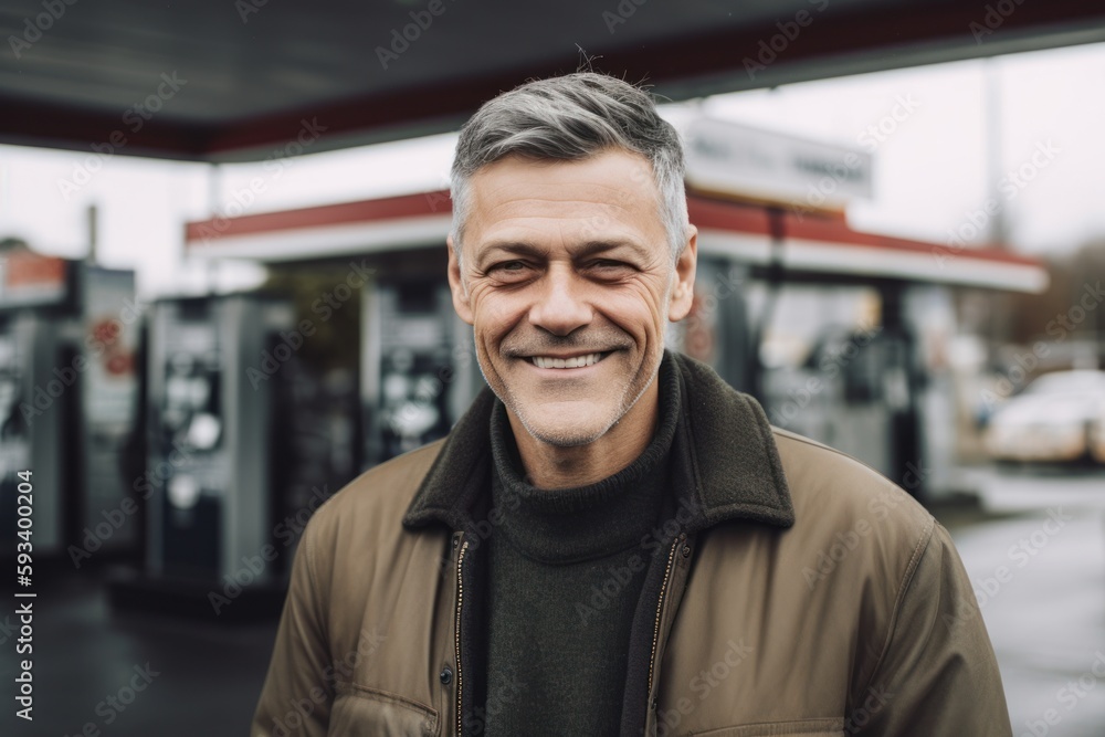 portrait of smiling middle aged man at gas station in autumn day portrait of smiling middle aged man at gas station in autumn day