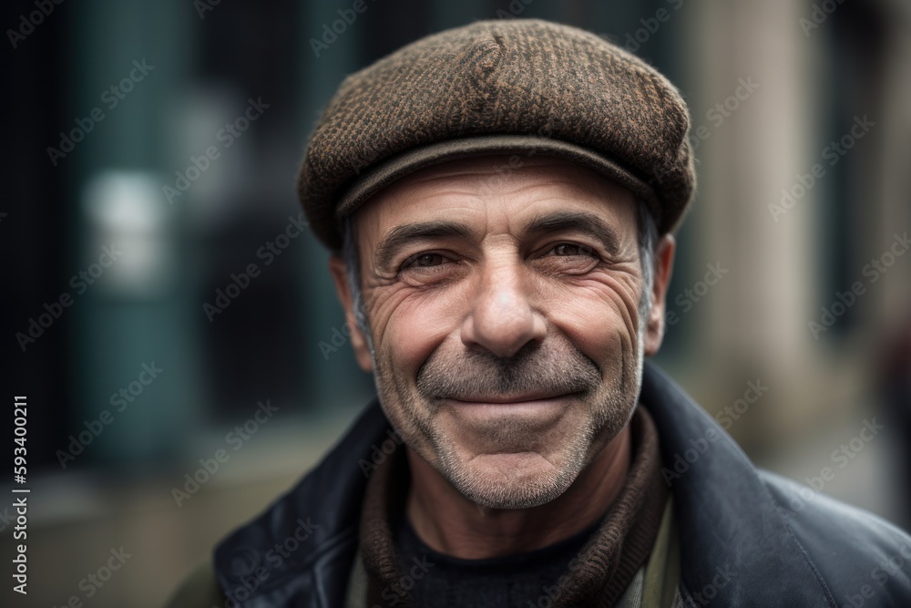 Portrait of an elderly man with a cap in the city.