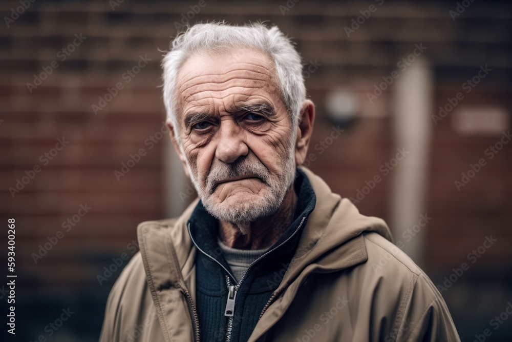 Portrait of an old man with grey hair and beard in a brown jacket on the street
