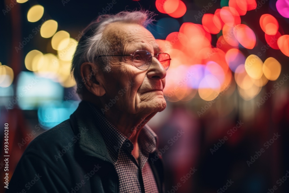 Portrait of an elderly man with glasses in the city at night Portrait of an elderly man with glasses in the city at night