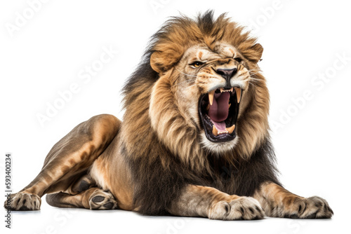 The King of the Jungle. Majestic lion roaring with pride  isolated on a white background with space to text. Copy space. Wildlife concept AI Generative