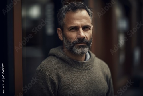 Portrait of a handsome middle-aged man with gray hair and beard in a knitted sweater looking at the camera