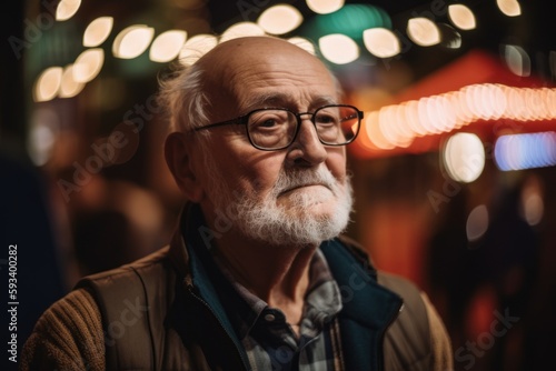 Portrait of senior man with eyeglasses looking away at night