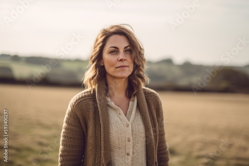 Group portrait photography of a grinning woman in her 30s wearing a chic cardigan against a countryside or rural landscape background. Generative AI