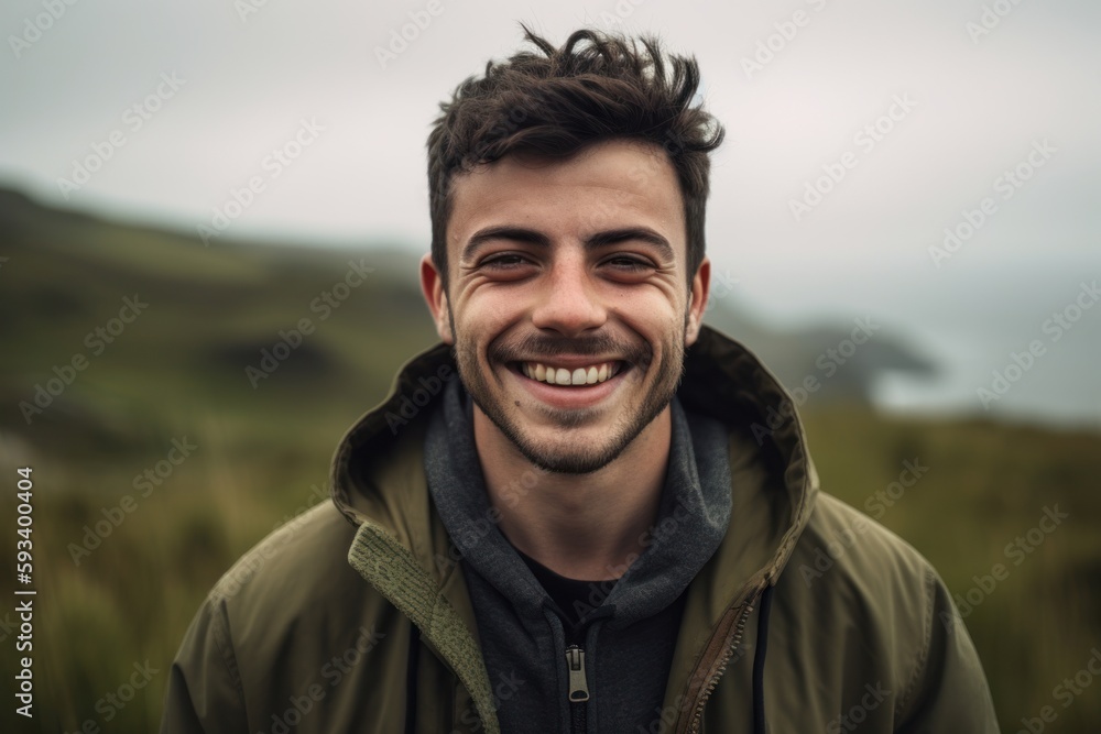 Medium shot portrait photography of a grinning man in his 20s wearing a stylish hoodie against a national park or natural wonder background. Generative AI Medium shot portrait photography of a grinning man in his 20s wearing a stylish hoodie against a national park or natural wonder background. Generative AI