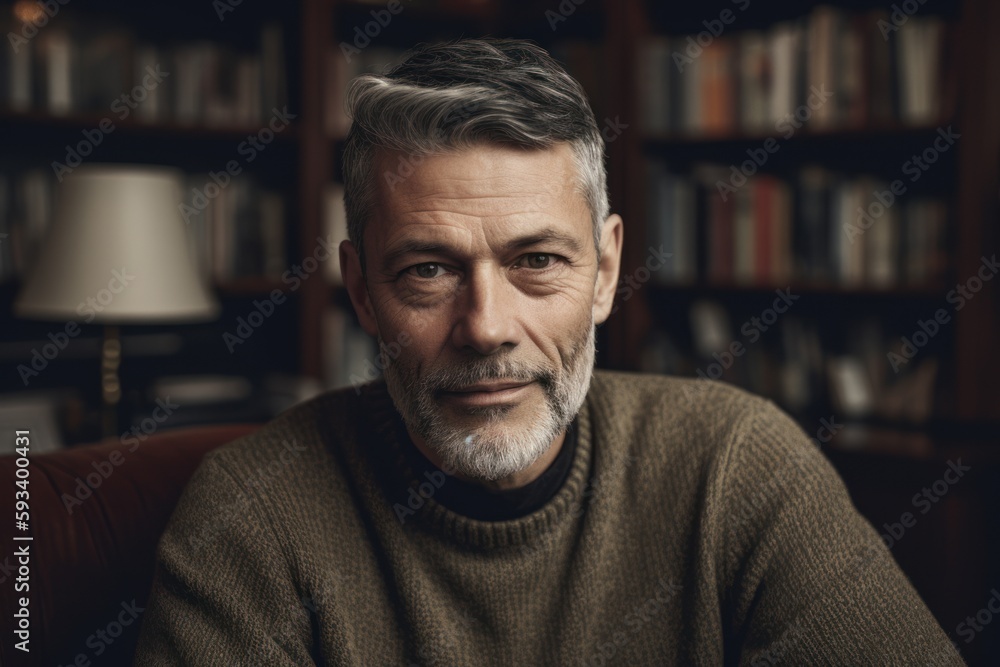 Portrait of a middle-aged man with gray hair and beard in a green sweater. Portrait of a middle-aged man with gray hair and beard in a green sweater.