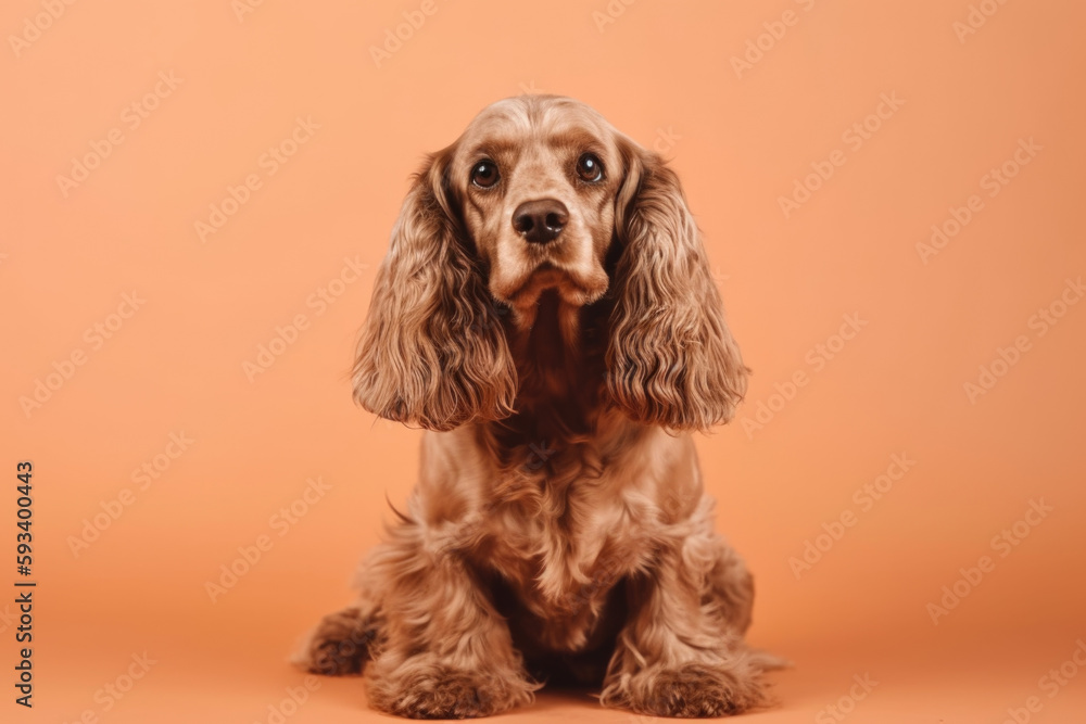 Friendly and Adorable Cocker Spaniel. Full body portrait of cute dog on pastel peach background with space to text. Copy space. Pet concept AI Generative