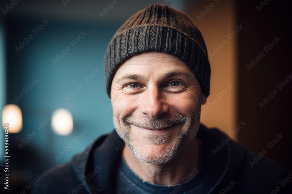 Portrait of a smiling man in a hat and sweater looking at the camera Portrait of a smiling man in a hat and sweater looking at the camera