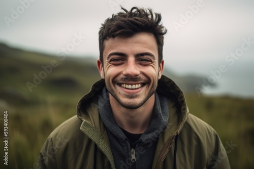 Medium shot portrait photography of a grinning man in his 20s wearing a stylish hoodie against a national park or natural wonder background. Generative AI © Robert MEYNER
