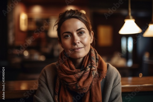 Portrait of a young woman sitting at a cafe table in a warm scarf © Robert MEYNER