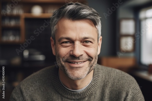 Portrait of handsome mature man with grey hair and beard smiling in cafe