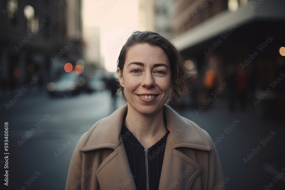 young beautiful hipster woman in the city at sunset in beige coat