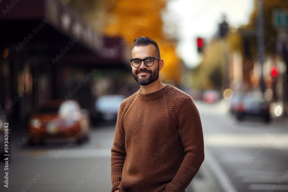 Portrait of a handsome bearded hipster man wearing glasses and a brown sweater standing in the city. Portrait of a handsome bearded hipster man wearing glasses and a brown sweater standing in the city.