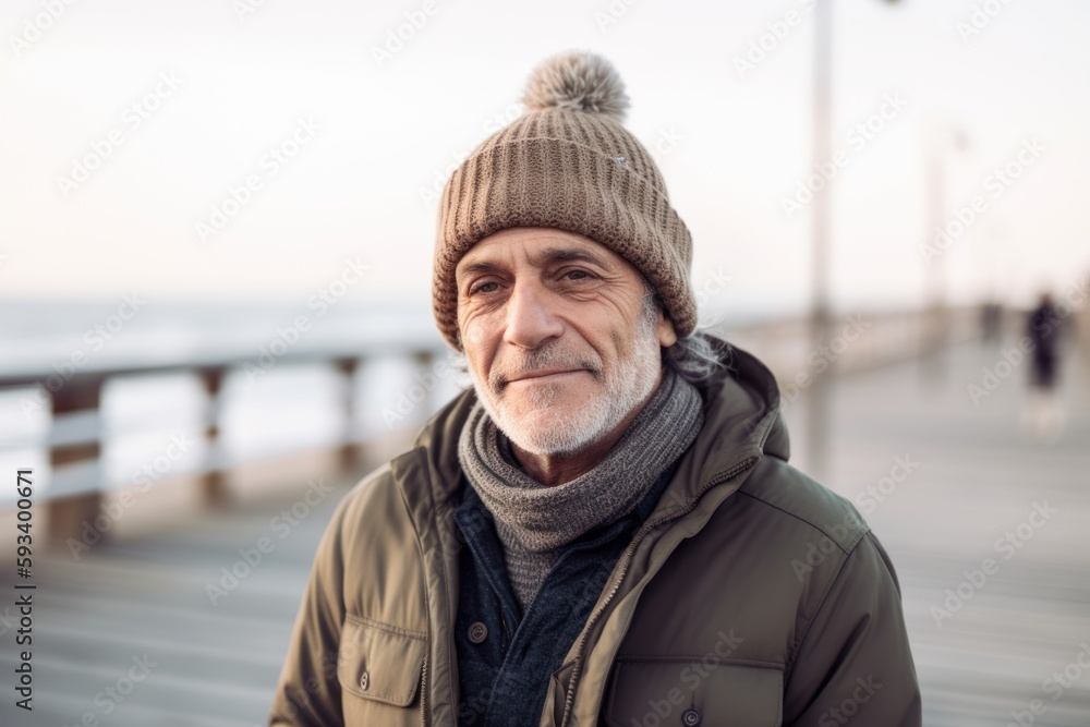 Portrait of senior man in winter clothes looking at camera on promenade Portrait of senior man in winter clothes looking at camera on promenade