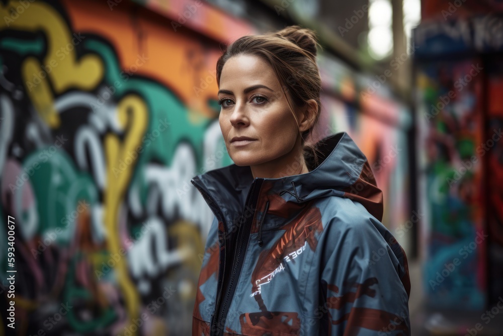 Lifestyle portrait photography of a satisfied woman in her 30s wearing a comfortable tracksuit against a graffiti alleyway background. Generative AI