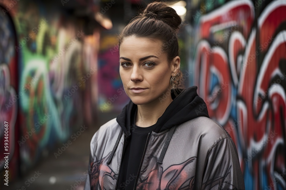 Naklejka premium Portrait of a beautiful young woman in front of graffiti wall.
