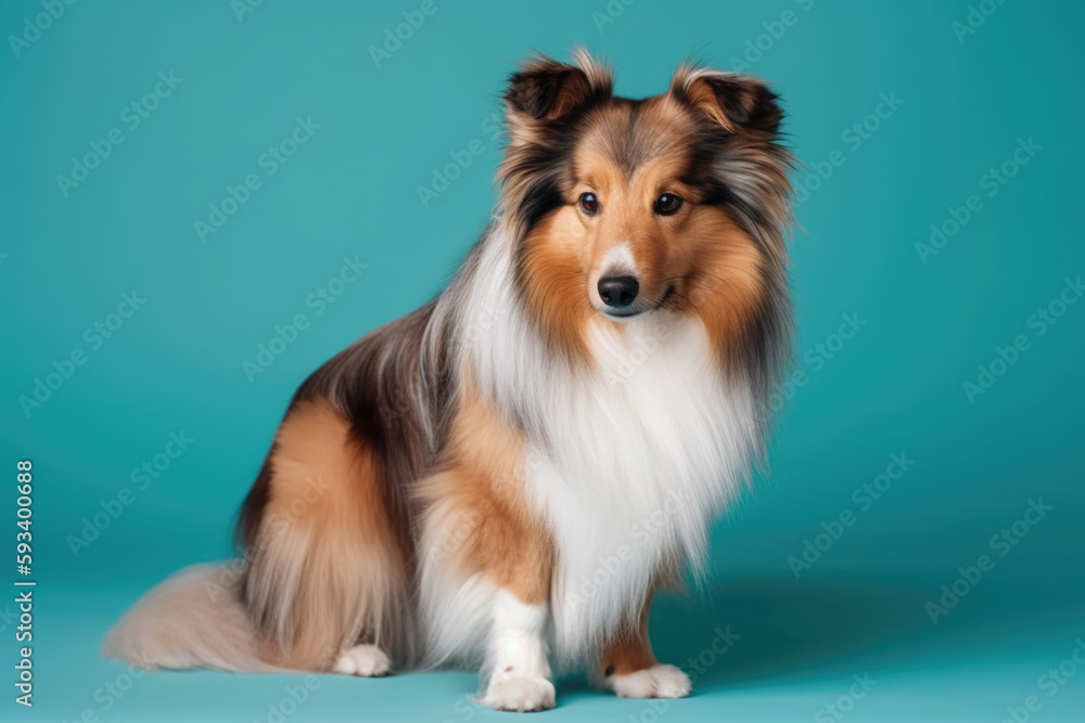  Fluffy Shetland Sheepdog. Full body shot of a cute dog with a fluffy coat, isolated on blue pastel background with copy space. Pet concept AI Generative
