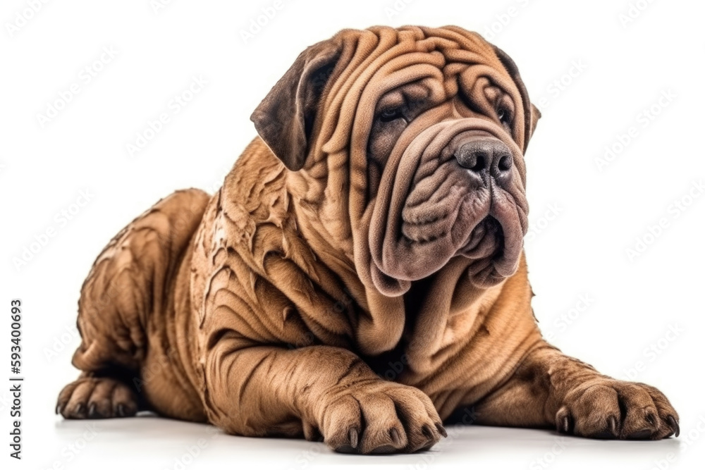 Wrinkly Charm. Full body portrait of Shar Pei dog with wrinkles isolated on white background with copy space. Pet concept AI Generative
