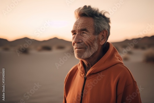 Environmental portrait photography of a pleased man in his 70s wearing a comfortable tracksuit against a hot desert or sand background. Generative AI