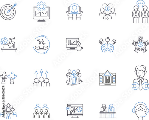 Board of Directors outline icons collection. Board, Directors, Trustees, Committee, Council, Panel, Oversight vector and illustration concept set. Conglomerate, Corporate, Executives linear signs