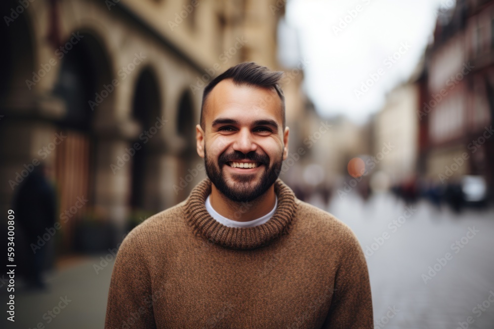 Portrait of handsome bearded man smiling and looking at camera while standing on the street Portrait of handsome bearded man smiling and looking at camera while standing on the street