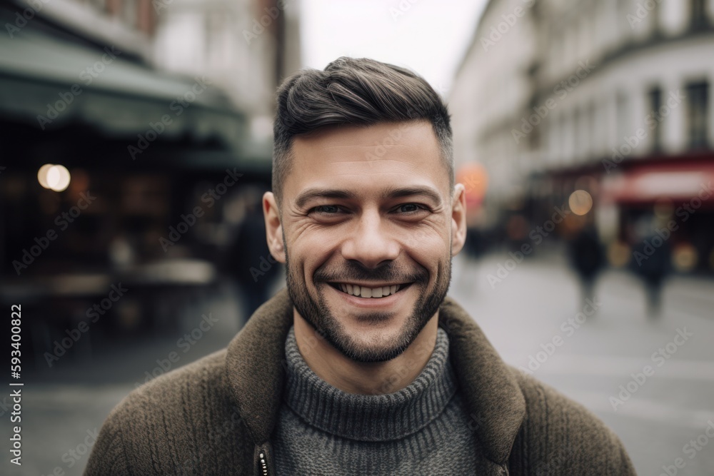 Portrait of handsome young man with beard smiling and looking at camera Portrait of handsome young man with beard smiling and looking at camera