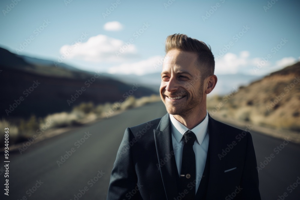 Portrait of a smiling businessman standing on a road in the desert