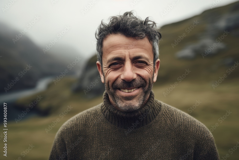Portrait of a smiling middle-aged man in the mountains. Portrait of a smiling middle-aged man in the mountains.