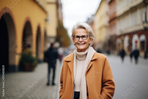 Portrait of smiling senior woman in eyeglasses walking on street