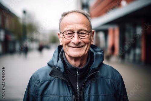 Portrait of smiling senior man with eyeglasses in the city
