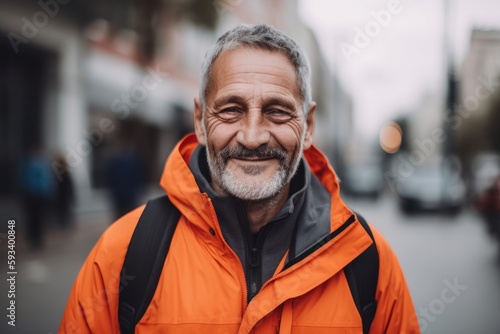 portrait of smiling senior man in orange jacket walking on city street