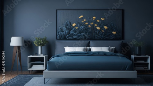 A modern mockup of a spacious bedroom rendered in 3D style © Paulo