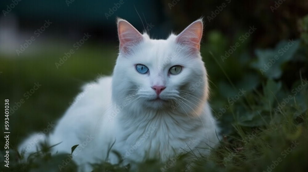 Nature's Muse: A Turkish Angora Cat Posing Among the Flourishing Foliage Nature's Muse: A Turkish Angora Cat Posing Among the Flourishing Foliage