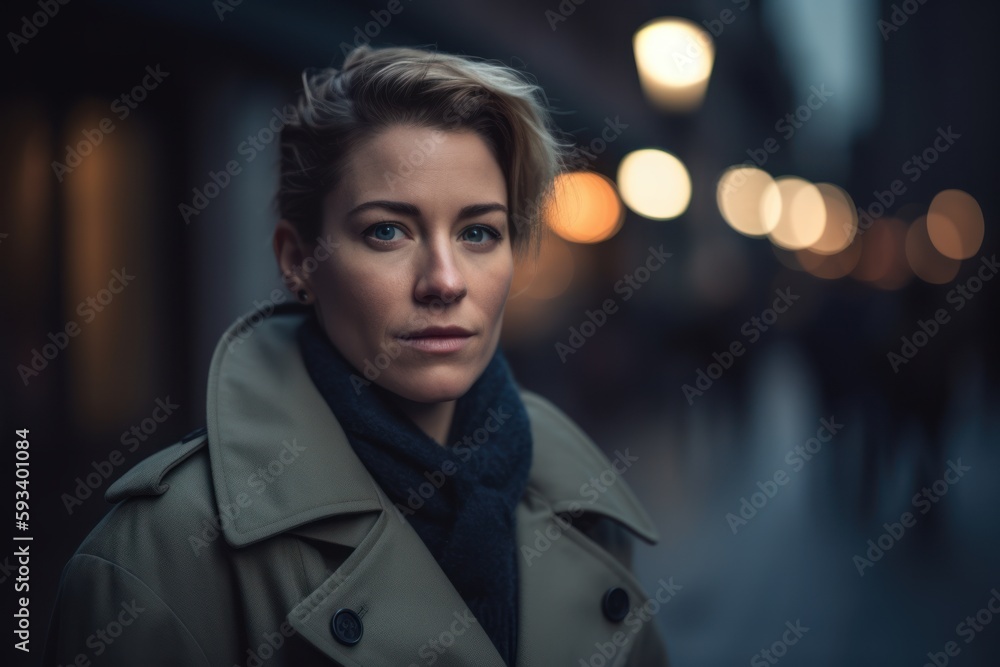 Portrait of a young woman in a coat in the city at night Portrait of a young woman in a coat in the city at night