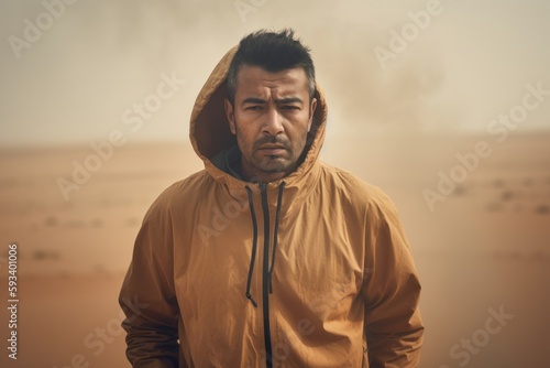 Portrait of a young Asian man in a yellow jacket standing in the desert.