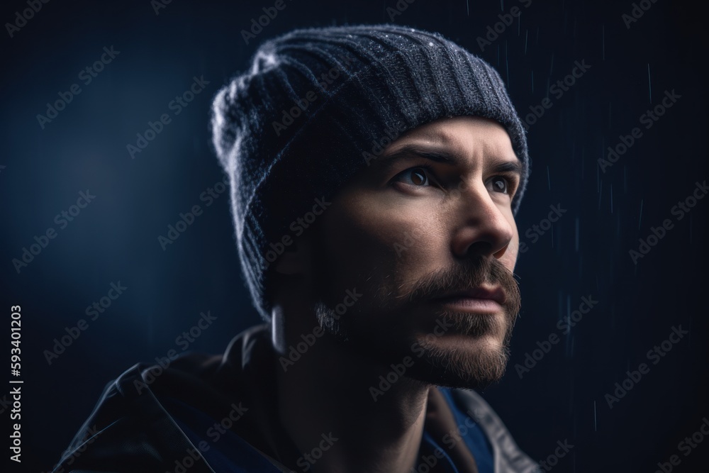 Portrait of a young man in a hat and raincoat. Portrait of a young man in a hat and raincoat.