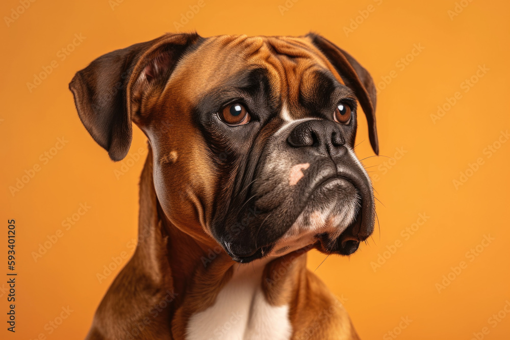 Friendly Boxer dog in pastel peach background with space to text. Copy space. Animal concept Powerful and Protective.Energetic and Playful. AI Generative Friendly Boxer dog in pastel peach background with space to text. Copy space. Animal concept Powerful and Protective.Energetic and Playful. AI Generative