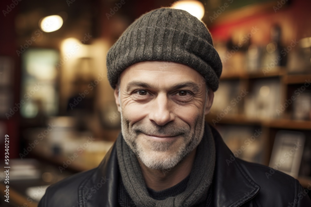 Portrait of a handsome mature man in a hat and a leather jacket. Portrait of a handsome mature man in a hat and a leather jacket.