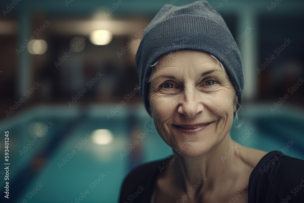 Portrait of smiling senior woman in cap and t-shirt at swimming pool Portrait of smiling senior woman in cap and t-shirt at swimming pool