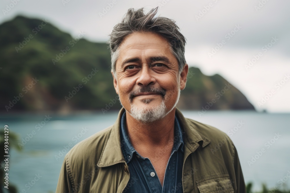 Fototapeta premium Portrait of a handsome middle-aged man standing in front of the sea