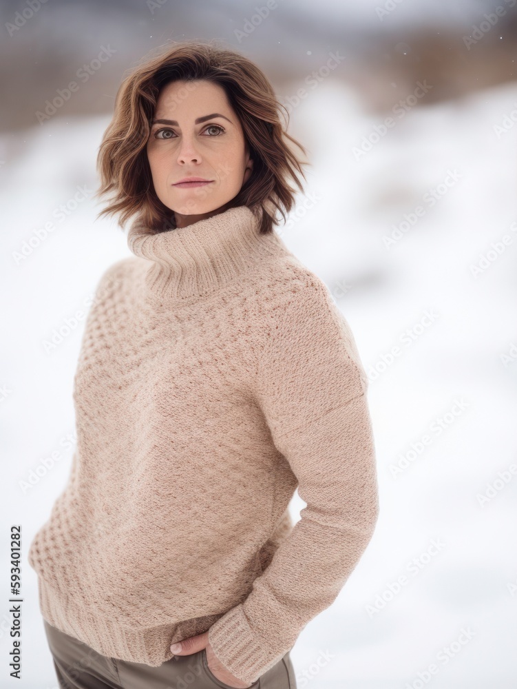 Portrait of a beautiful girl in a beige sweater on a background of winter landscape Portrait of a beautiful girl in a beige sweater on a background of winter landscape