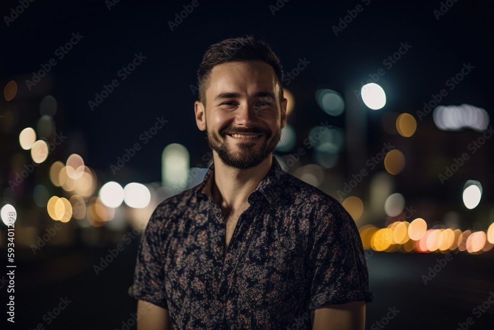 Portrait of a handsome young man smiling in the city at night Portrait of a handsome young man smiling in the city at night