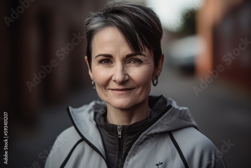 Portrait of a happy middle aged woman with short hair in a gray jacket.