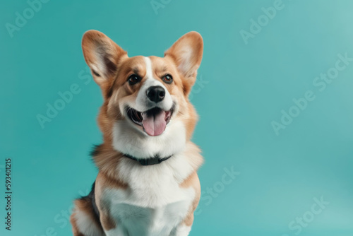 Happy Corgi. Adorable corgi dog wagging its tail, isolated on a pastel turquoise background with copy space. Pet concept AI Generative © Mr. Bolota