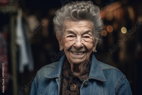 Lifestyle portrait photography of a pleased elderly woman in her 90s wearing a denim jacket against an antique shop or vintage market background. Generative AI